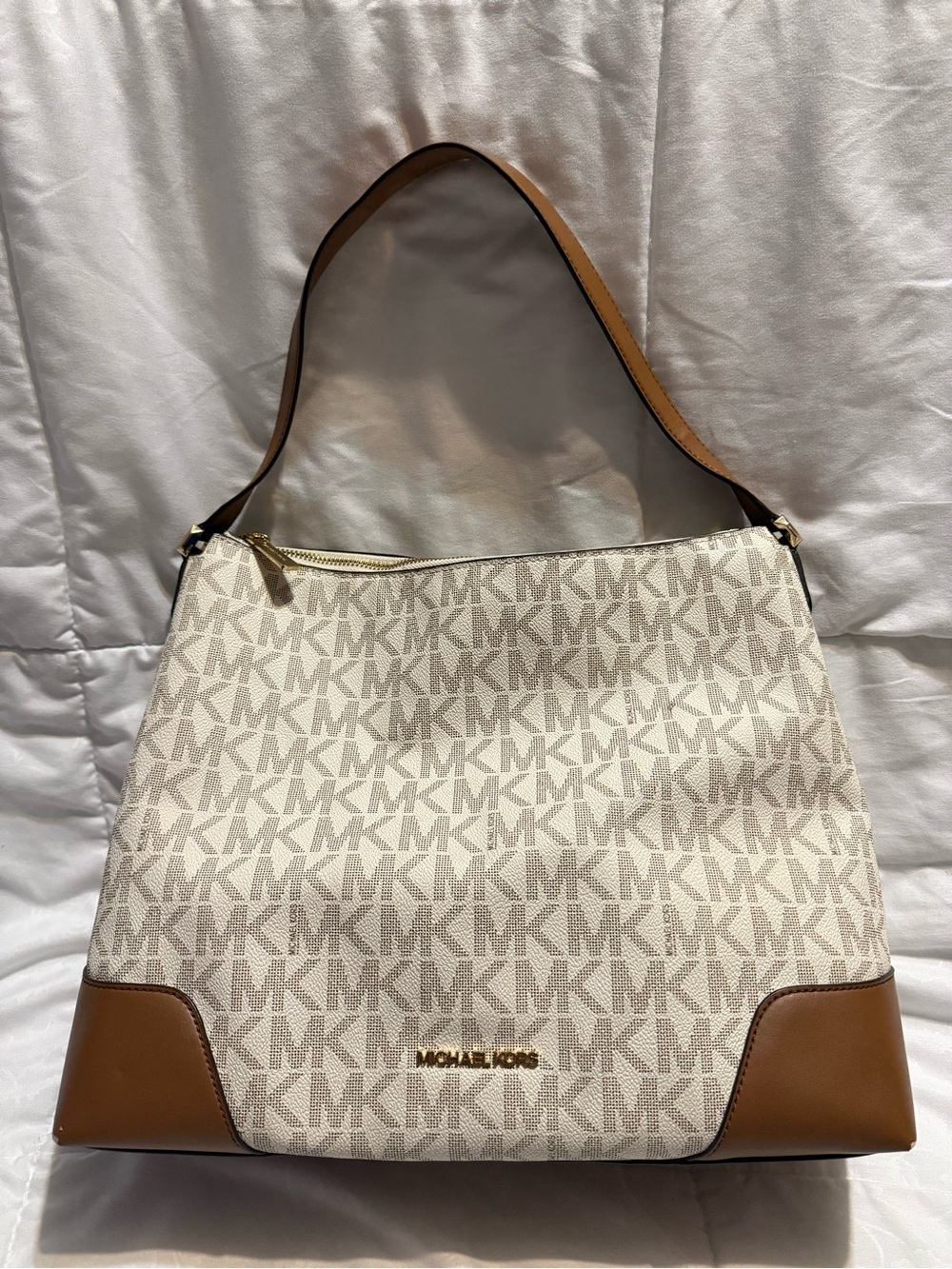 Michael Kors Cream Logo Canvas Tote with Brown Leather Trim